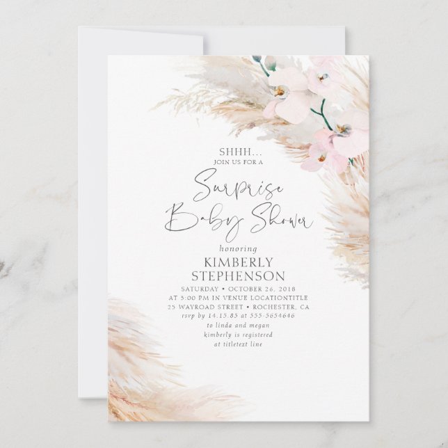 Invitación Orquídeas rosas Pampas Sorpresa Baby Shower (Anverso)