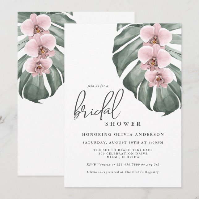 Invitación Orquídeas rosas Paraíso tropical Ducha de novias (Anverso / Reverso)