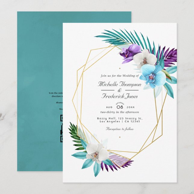 Invitación Orquídeas Tropicales Código QR Geométrico RSVP Bod (Anverso / Reverso)