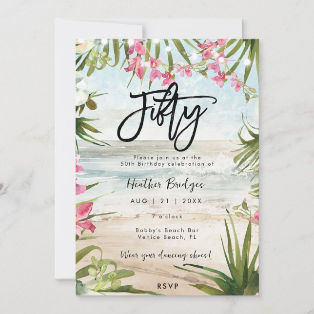 Invitación orquídeas tropicales de playa fiesta de 50 años (Anverso)