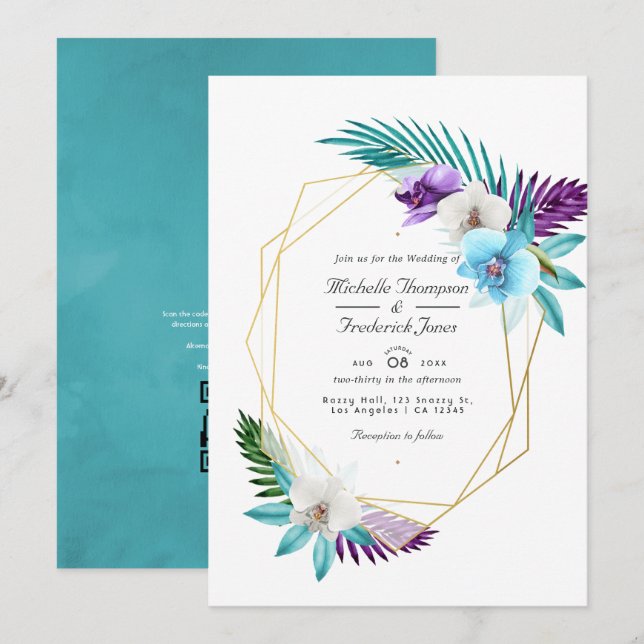 Invitación Orquídeas Tropicales Geométricas Código QR RSVP Bo (Anverso / Reverso)