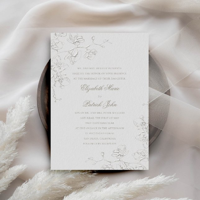 Invitación Orquids Bliss Ivory Formal Boda Tradicional (orchids wedding invitation formal traditional modern classic art ink sketch ivory calligraphy)