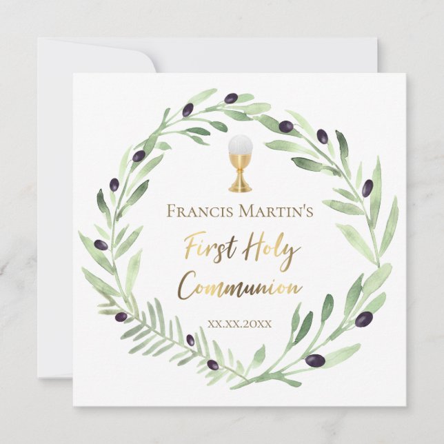 Invitación oruga de oliva acuarela Primera comunión santa (Anverso)