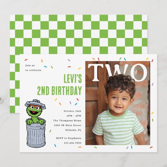 Invitación Oscar el Gruñón Confeti Verde Segundo Cumpleaños (Anverso / Reverso)