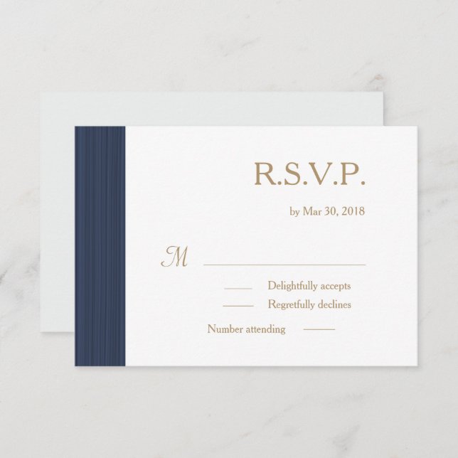 Invitación Oscuro azul dorado blanco franjas sutiles boda RSV (Anverso / Reverso)