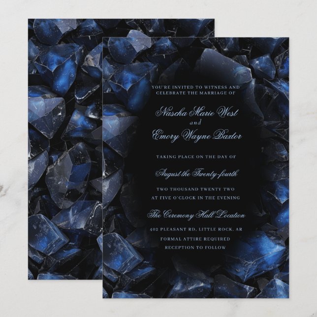 Invitación Oscuro Blue Boho Crystals Black Boda (Anverso / Reverso)