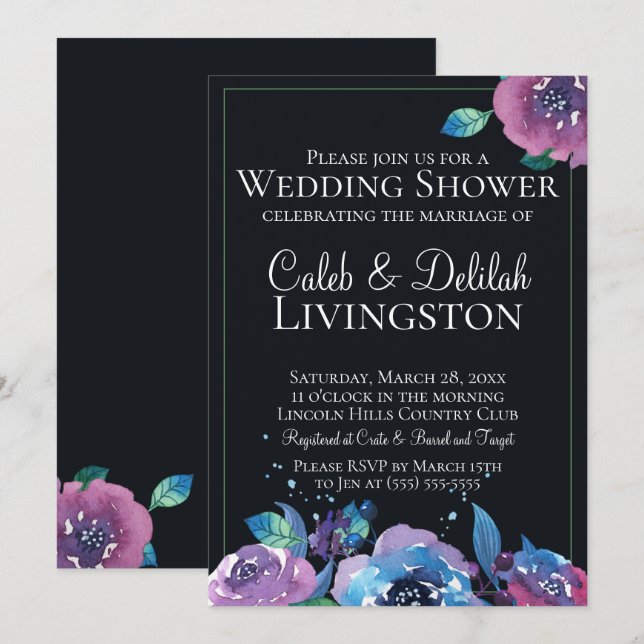 Invitación Oscuro Blue Purple Twilight Floral Wedding Shower (Anverso / Reverso)