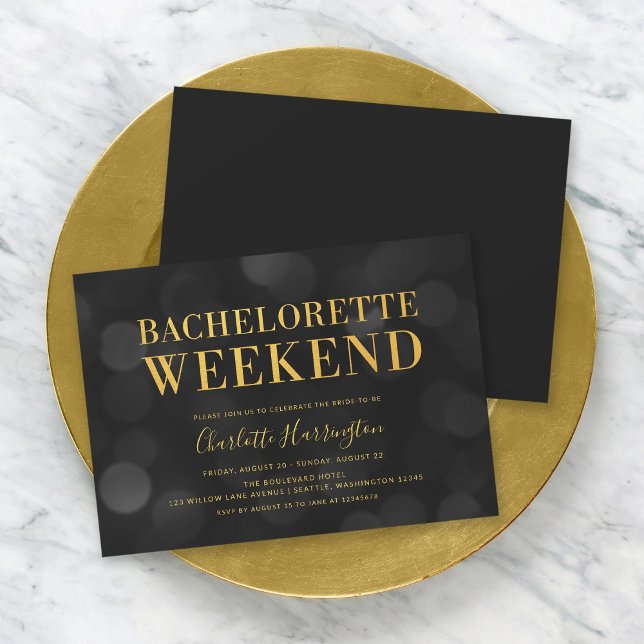 Invitación Oscuro Bokeh ilumina Faux Gold Bachelorette Weeken (Subido por el creador)