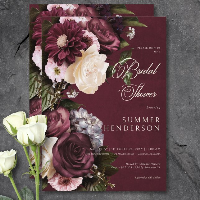 Invitación Oscuro elegante Borgoña & Cream Floral Bridal Show (Dark Elegant Burgundy & Cream Floral Bridal Shower Invitation)