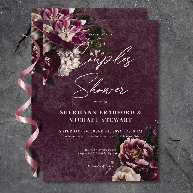Invitación Oscuro Elegante Ducha De Parejas Florales Blancas  (Dark Elegant Burgundy White Floral Couples Shower Invitation)