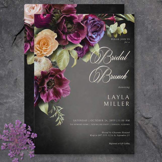 Invitación Oscuro Elegante Negro Blur Floral Bridal Shower (Dark Elegant Black Blur Floral Bridal Shower Invitation)