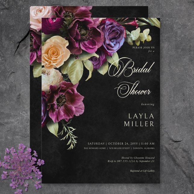 Invitación Oscuro Elegante Negro Dramático Floral Bridal Show (Dark Elegant Black Dramatic Floral Bridal Shower Invitation)