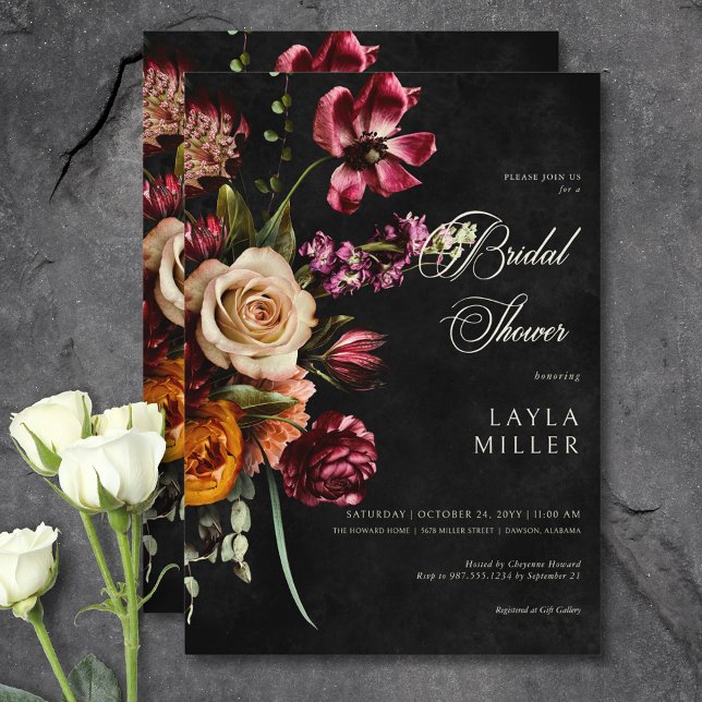 Invitación Oscuro Elegante Negro Otoño Floral Bridal Shower (Dark Elegant Black Autumn Floral Bridal Shower Invitation)