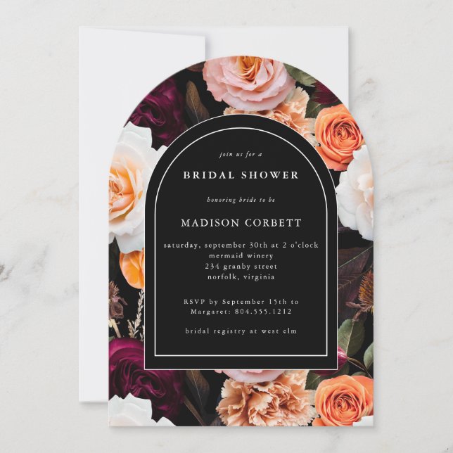 Invitación Oscuro Elegante Negro Otoño Floral Bridal Shower (Anverso)