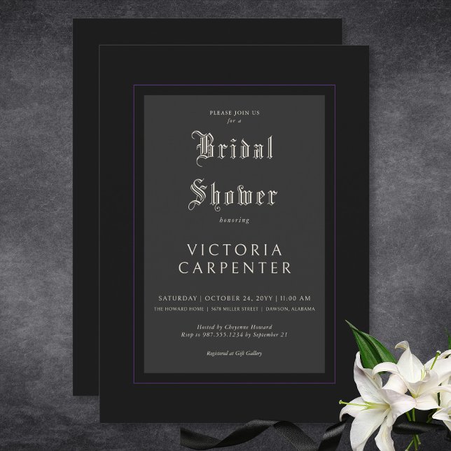 Invitación Oscuro Gothic Minimal Negro & Morple Bridal Shower (Dark Gothic Minimal Black & Purple Bridal Shower Invitation)