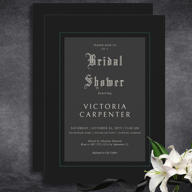 Invitación Oscuro Gothic Minimal Negro y Verde azulada ducha  (Dark Gothic Minimal Black & Teal Bridal Shower Invitation)