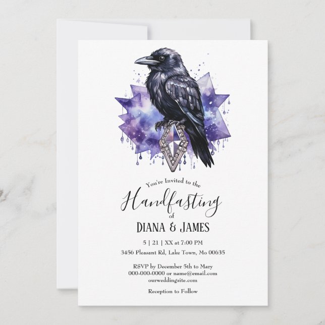 Invitación Oscuro Gothic Purple Raven y Diamond Handfasting (Anverso)