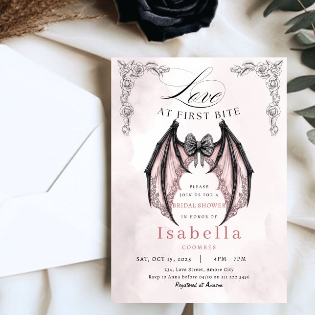 Invitación Oscuro Gótico Bridal Shower Coquette Batty Hallowe (Dark Gothic Bridal Shower Coquette Batty Halloween Invitation)