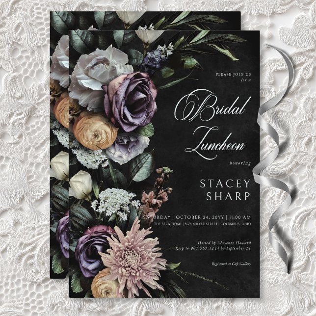 Invitación Oscuro Gótico Misterioso almuerzo de novia floral  (Dark Gothic Mysterious Muted Floral Bridal Lunch Invitation)