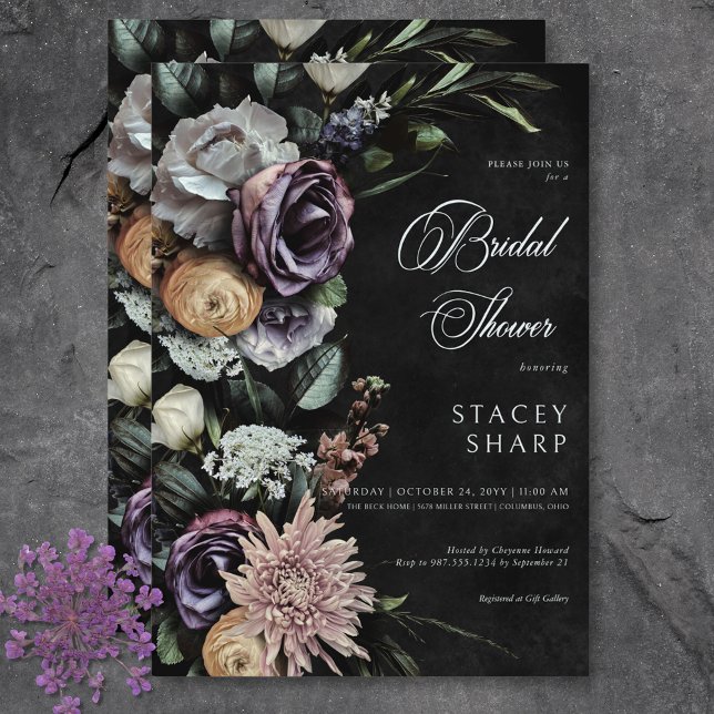 Invitación Oscuro Gótico Misterioso Floral Bridal Shower (Dark Gothic Mysterious Muted Floral Bridal Shower Invitation)
