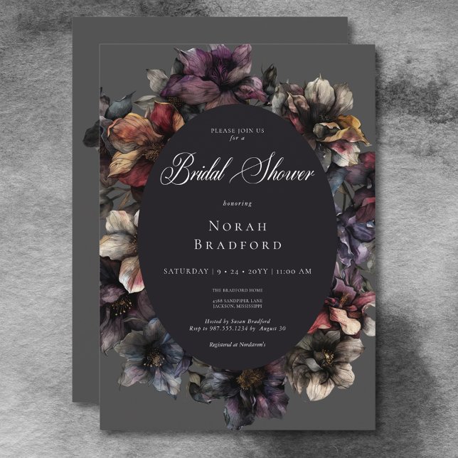 Invitación Oscuro Gótico Moody Watercolor Floral Bridal Showe (Dark Gothic Moody Watercolor Floral Bridal Shower Invitation)