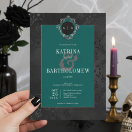 Invitación Oscuro Gótico Negro Floral satín Damask Boda Verde