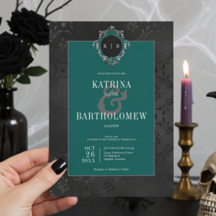 Invitación Oscuro Gótico Negro Floral satín Damask Boda Verde