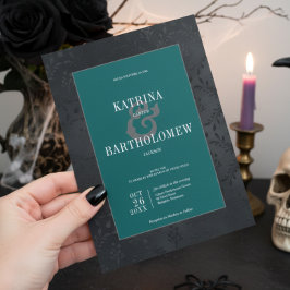 Invitación Oscuro Gótico Negro Floral satín Damask Boda Verde