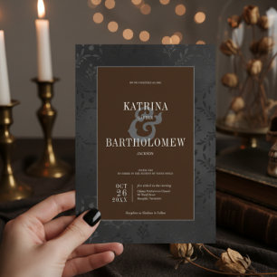 Invitación Oscuro Gótico Negro Floral Satin Damask Brown