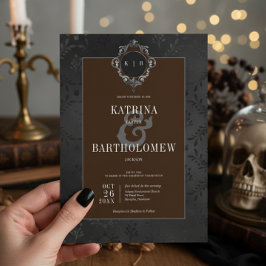 Invitación Oscuro Gótico Negro Floral Satin Damask Brown