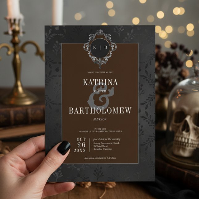 Invitación Oscuro Gótico Negro Floral Satin Damask Brown (Subido por el creador)