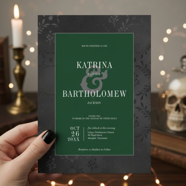 Invitación Oscuro Gótico Negro Floral Satin Damask Verde (Subido por el creador)