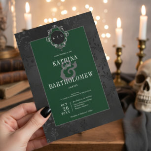 Invitación Oscuro Gótico Negro Floral Satin Damask Verde