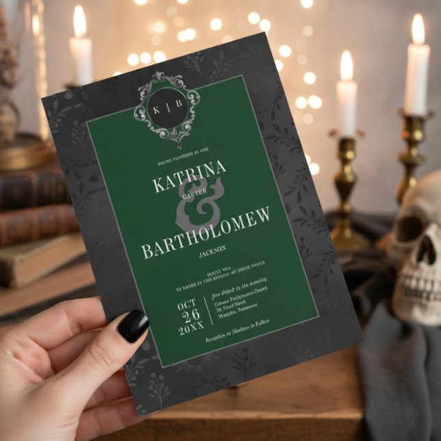 Invitación Oscuro Gótico Negro Floral Satin Damask Verde (Subido por el creador)