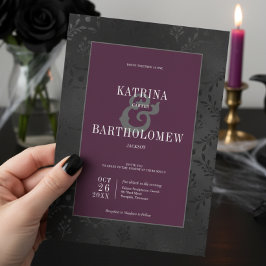 Invitación Oscuro Gótico Negro Floral satino Damask Wine Boda