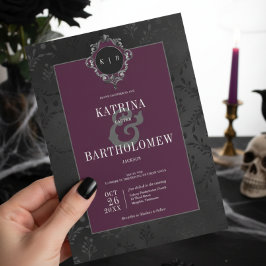 Invitación Oscuro Gótico Negro Floral satino Damask Wine Boda