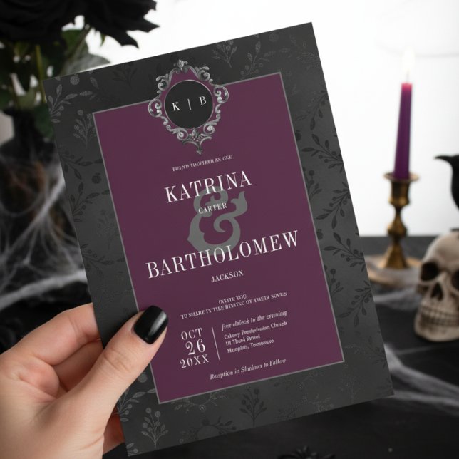 Invitación Oscuro Gótico Negro Floral satino Damask Wine Boda (Subido por el creador)