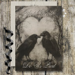 Invitación Oscuro Gótico Negro y Tan Raven Script Boda<br><div class="desc">Sumérjase en el enigmático abrazo de su historia de amor con nuestra oscura y divertida suite de invitados góticos a la boda. Capturando la esencia del misterio y el romance, nuestra invitación presenta una imagen cautivadora al estilo del carbón vegetal, mostrando dos majestuosos cuervos negros encerrados en una tierna abrazo...</div>