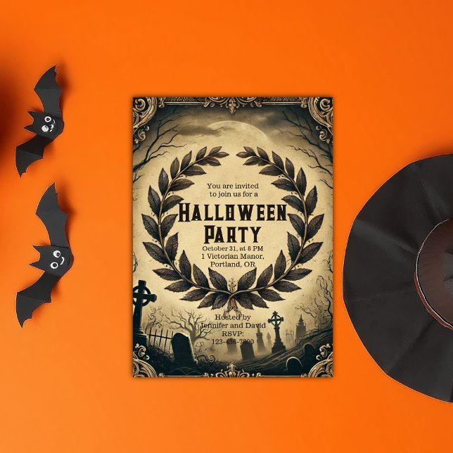 Invitación Oscuro Gótico Vintage Wreath Halloween (Dark Gothic Victorian Vintage Wreath Halloween Invitation)