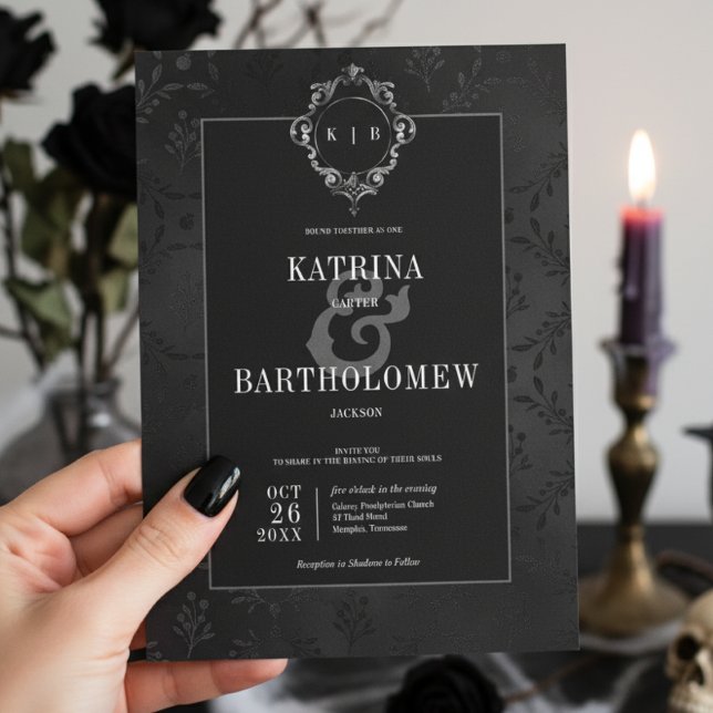 Invitación Oscuro matrimonio gótico negro floral satinado Dam (Subido por el creador)