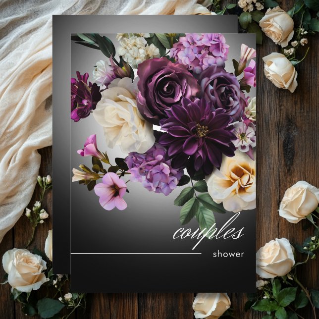 Invitación Oscuro Medianoche Morado Floral Romance Parejas Du (Dark Midnight Purple Floral Romance Couples Shower Invitation)