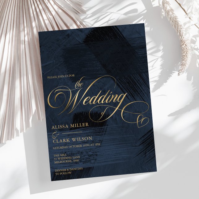Invitación Oscuro Midnight Blue & Gold Modern Painterly Boda (Subido por el creador)