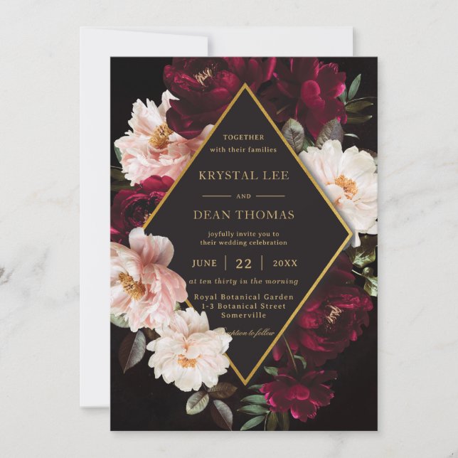 Invitación Oscuro Moody Borgoña Boda de Rubor Floral Peonies (Anverso)