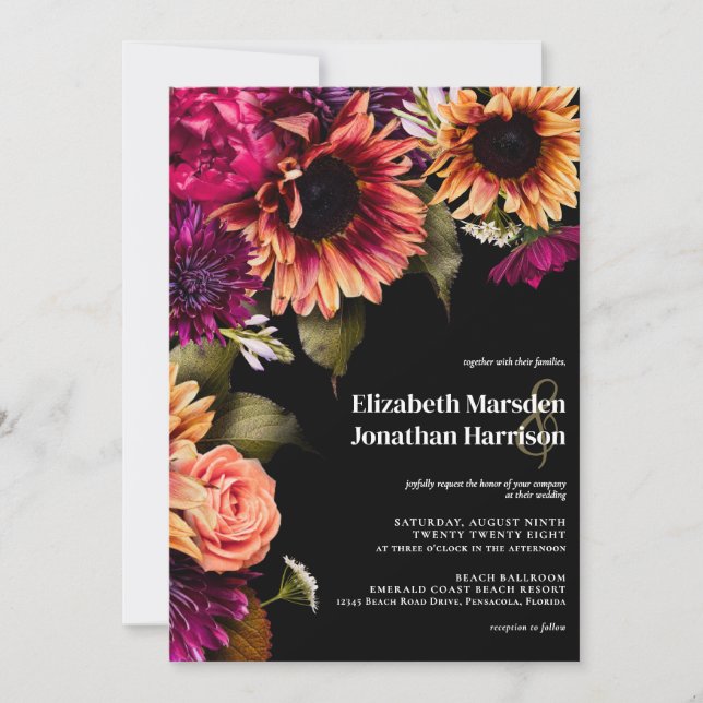Invitación Oscuro Moody Burgundy Amarillo Floral Boho Negro (Anverso)