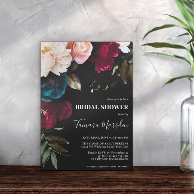 Invitación Oscuro Moody Burgundy Azul Rubor Floral negra rosa (Subido por el creador)