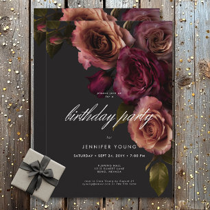 Invitación Oscuro Moody Burgundy Rosa de óxido florece cumple