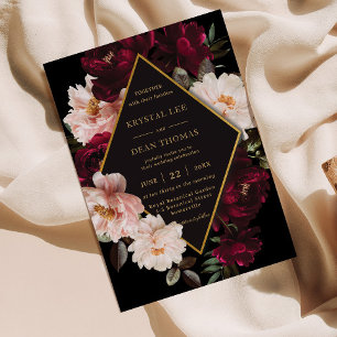 Invitación Oscuro Moody Burgundy Rubor Boda floral negro