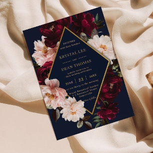 Invitación Oscuro Moody Burgundy Rubor Navy Boda Floral Azul