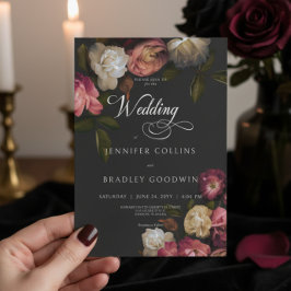 Invitación Oscuro Moody Burgundy y cream Peonies Black Boda