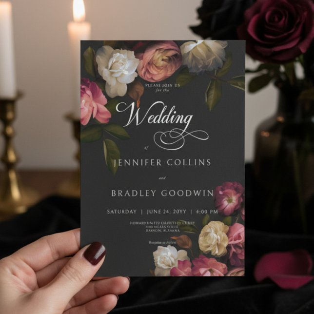 Invitación Oscuro Moody Burgundy y cream Peonies Black Boda (Subido por el creador)